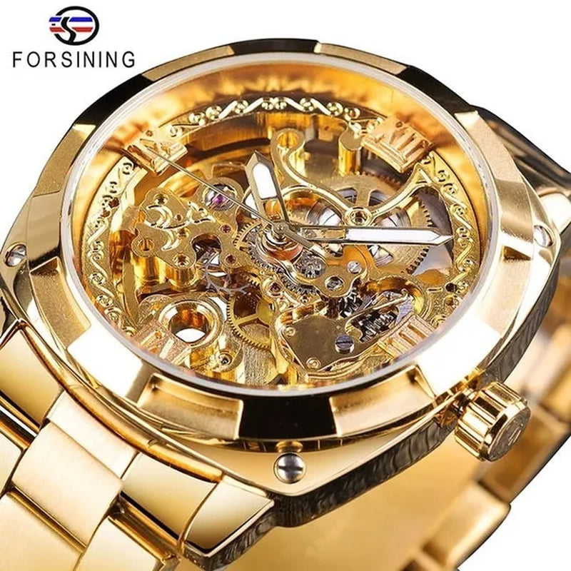 FORSINING New Top Quality Men Luxury Skeleton Automatic Winding Mechanical Watches Gold Stainless Steel Waterproof Wristwatch with Gift Box