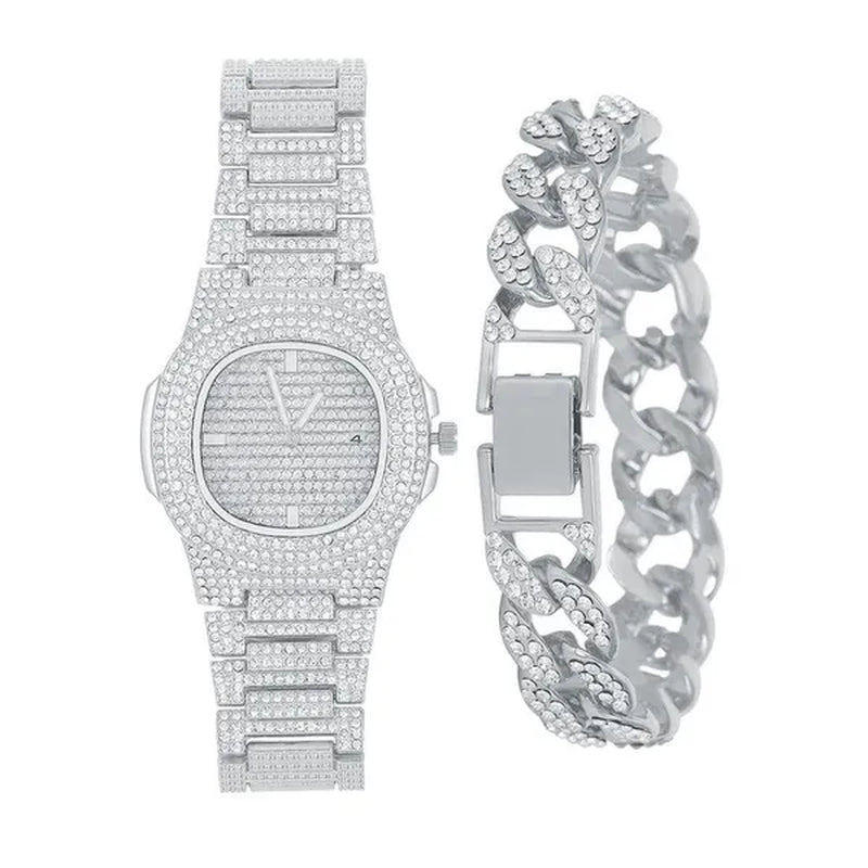 2 Pcs/set Luxury Full Iced Out Watch Mens Cuban Link Chain Bracelet Watch Bling Jewelry for Men Big Gold Chains Hip Hop Men Watch Set