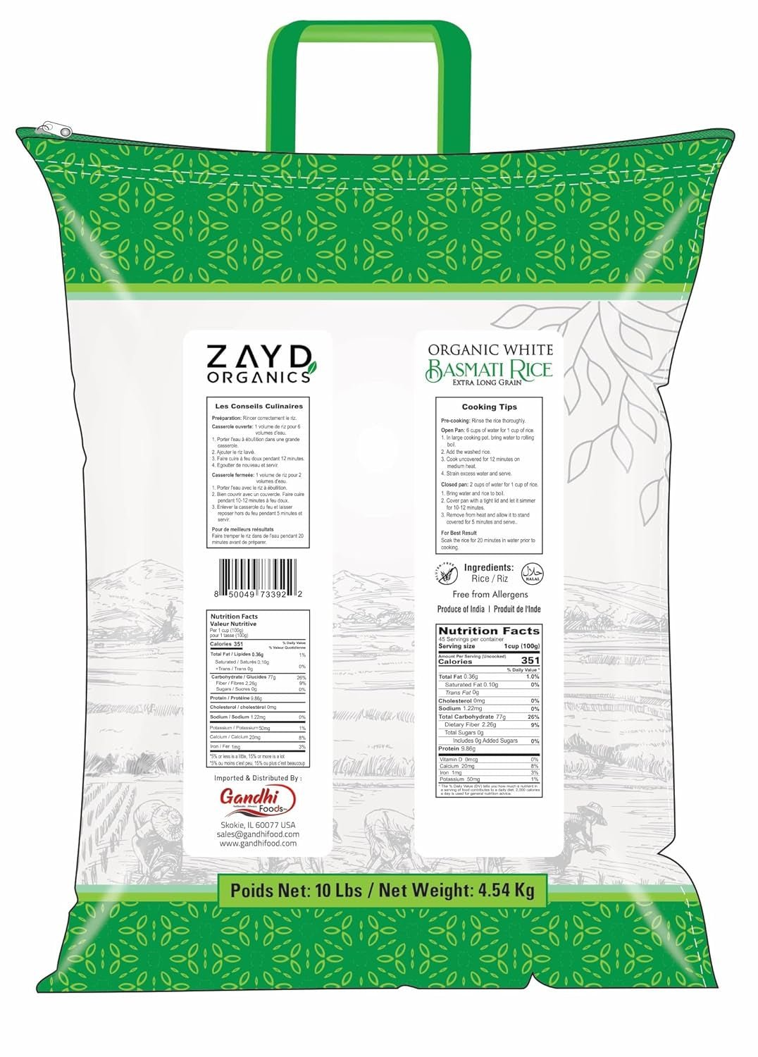 Zayd Organic White Basmati Rice, Indian Traditional Extra Long Rice, Vegan, Fresh, USDA Organic, 10Lbs - WORLD TIME VISITS