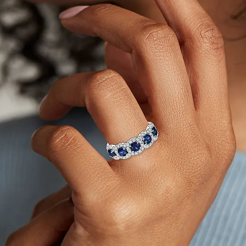 Trendy Women Wedding Rings Silver Plated Diamond Blue Sapphire 5 Stone Rings Bridal Engagement Party Ring Jewelry