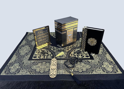 Muslim Prayer Rug, Islamic Gift Set, Velvet Full Arabic Quran, Elegant Kaaba Design Box, Ayat El Kursi Table Top, Prayer Beads, Bookmark, Janamaz, Salah Mat (KAABA)