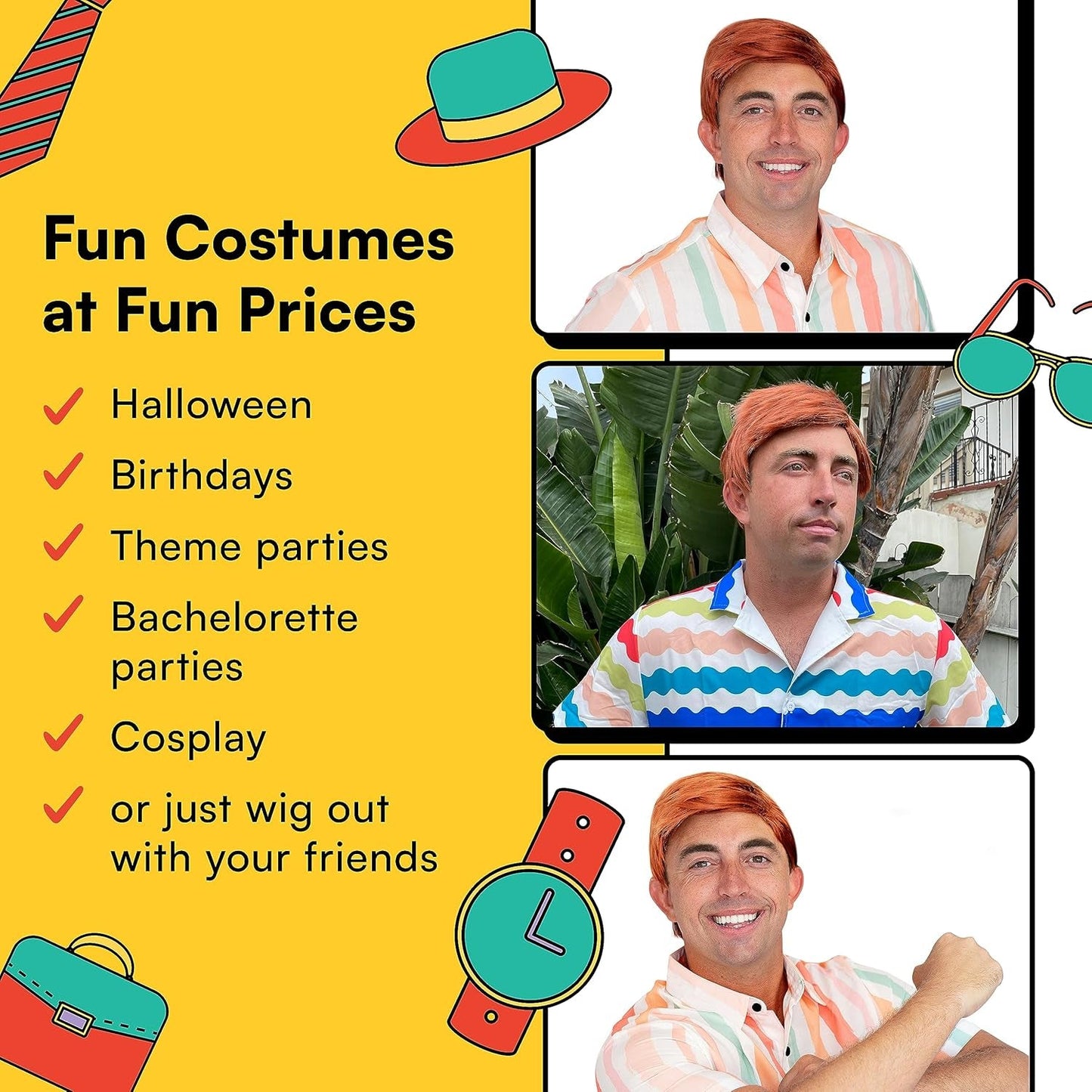 '- Chill Guy Al Wig - Movie Quality Short Synthetic Layered Red Doll Costume Hair for Men with Adjustable Wig Cap