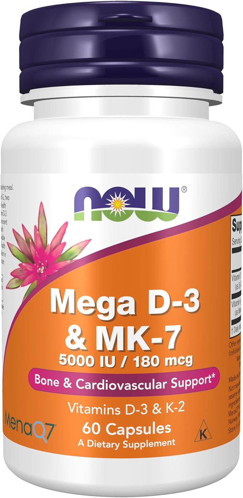 Supplements, Mega D-3 & MK-7 with Vitamins D-3 & K-2, 5,000 IU/180 Mcg, Bone & Cardiovascular Support*, 60 Veg Capsules
