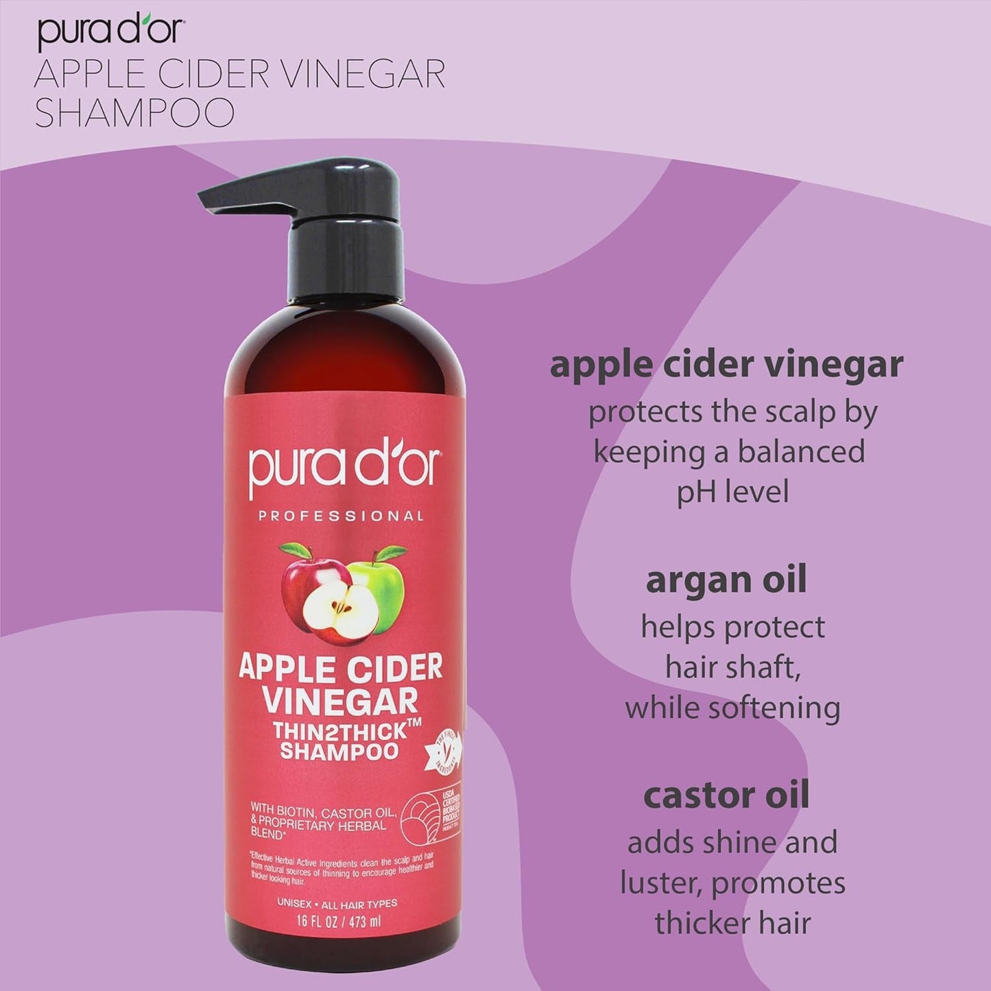 Apple Cider Vinegar Thin2Thick Set (16Oz X 2) ACV Shampoo & Conditioner, Clarifying - Biotin, Keratin, Caffeine, Castor Oil, Aloe - All Hair Types, Men & Women (Packaging May Vary)