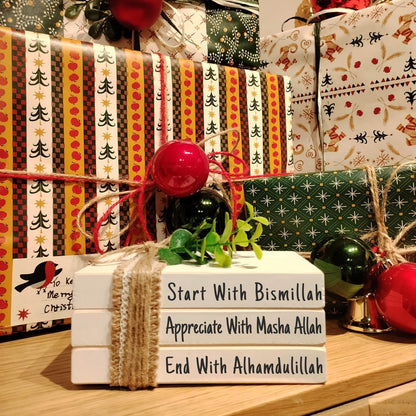 Farmhouse Ramadan Decoration Eid Ramadan Mubarak Farmhouse Mini Book Stack, Start with Bismillah End with Alhamdulillah, Muslim Tier Tray Table Decor