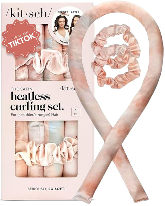 Satin Heatless Hair Curler Set - Heatless Curls Overnight, Hair Rollers for Soft Curls & Frizz-Free Styling, No Heat Curlers to Sleep In, Curling Rod Headband with 2 Scrunchies - Sunset Tie Dye