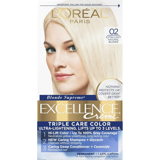 Excellence Creme Permanent Triple Care Hair Color, 02 Extra Light Natural Blonde, Gray Coverage for up to 8 Weeks, All Hair Types, Pack of 1