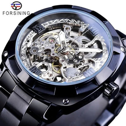 FORSINING New Top Quality Men Luxury Skeleton Automatic Winding Mechanical Watches Gold Stainless Steel Waterproof Wristwatch with Gift Box