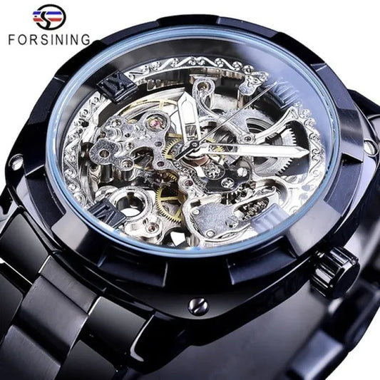 FORSINING New Top Quality Men Luxury Skeleton Automatic Winding Mechanical Watches Gold Stainless Steel Waterproof Wristwatch with Gift Box