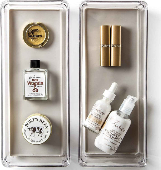 | Oblong Plastic Drawer Organizer Bins, Light Grey- 2 Pack | the ARTISAN+ | Multi-Use Organizer Bins | Soft-Grip Lining and Non-Slip Rubber Feet | Desk Drawer Organizer | Clear Vanity Organizer