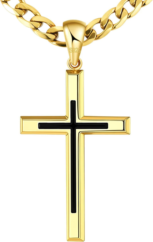 925 Sterling Silver Cross Necklace for Men Women，Black Cross Necklaces with 4.5MM Durable Stainless Steel Cuban Link Curb Chain，18K Gold over Real Silver Cross Pendant Necklace 16-28 Inches - WORLD TIME VISITS