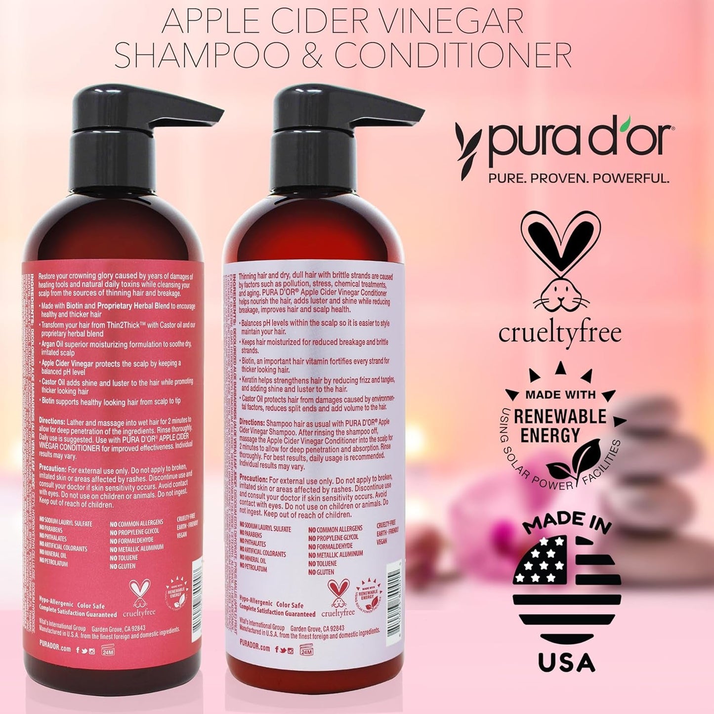 Apple Cider Vinegar Thin2Thick Set (16Oz X 2) ACV Shampoo & Conditioner, Clarifying - Biotin, Keratin, Caffeine, Castor Oil, Aloe - All Hair Types, Men & Women (Packaging May Vary)