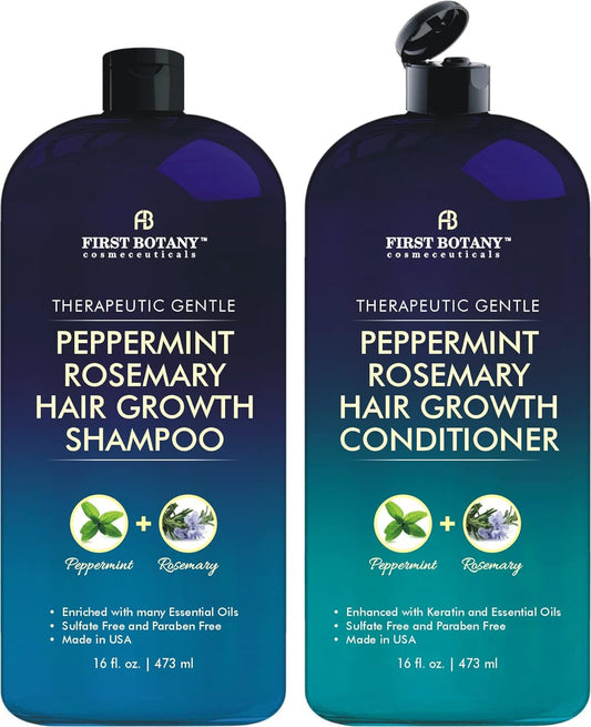 , Peppermint Rosemary Hair Regrowth and anti Hair Loss Shampoo and Conditioner Set - Daily Hydrating, Detoxifying, Volumizing Shampoo and Fights Dandruff for Men and Women 16 Fl Oz X 2