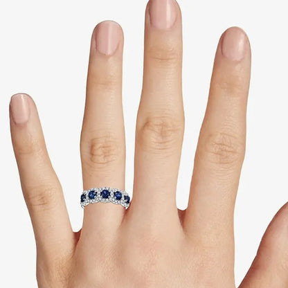 Trendy Women Wedding Rings Silver Plated Diamond Blue Sapphire 5 Stone Rings Bridal Engagement Party Ring Jewelry