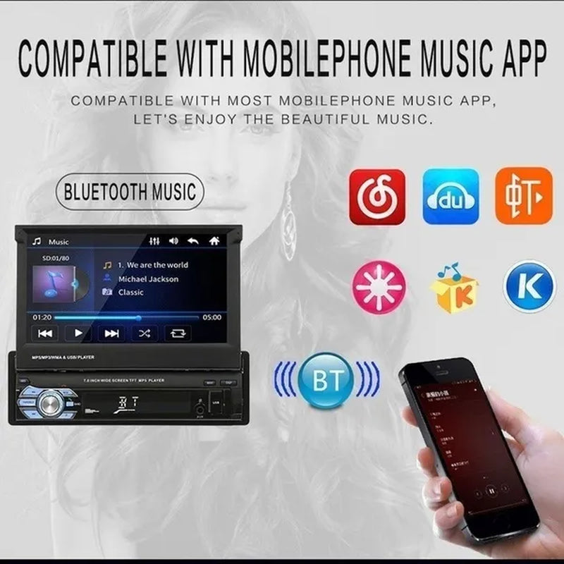 1DIN 7" HD Retractable Touch Screen Car Stereo Audio Bluetooth Car Radio Support Bluetooth/Usb/Aux/Fm/Am Mirrorlink+ SWC+ Rearview Camera (Optional)