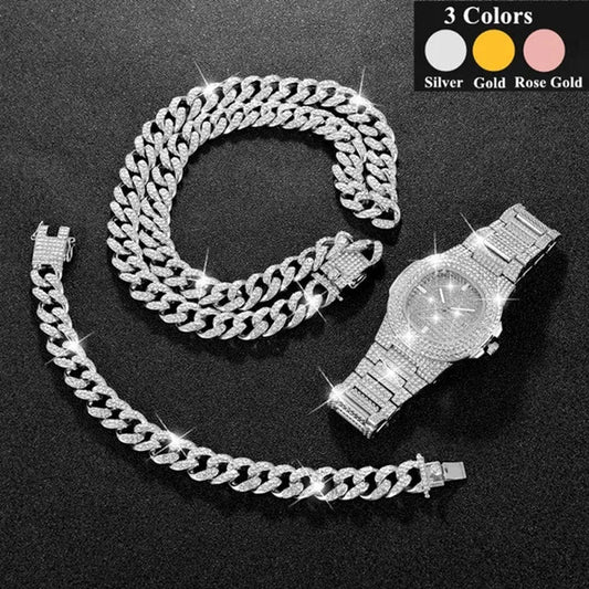 3 Colors 13MM Iced Out Chain Hip Hop Watch Necklace Bracelet Bling Miami Cuban Link Chain Mens Jewelry Set Relojes Hombre