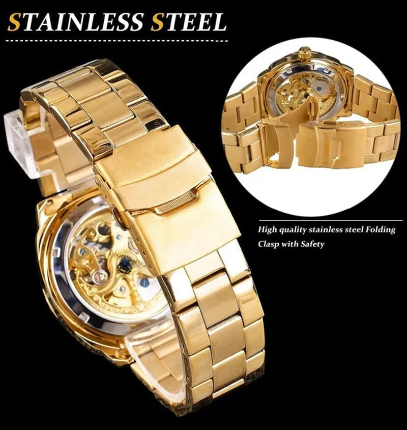 FORSINING New Top Quality Men Luxury Skeleton Automatic Winding Mechanical Watches Gold Stainless Steel Waterproof Wristwatch with Gift Box