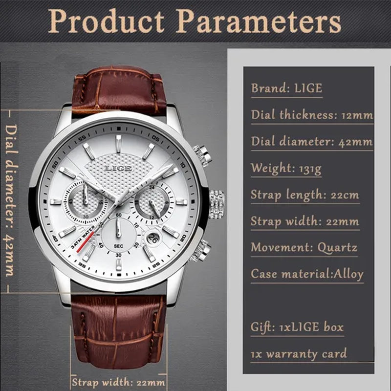 2019 LIGE New Fashion Gift Men Watch Leather Analog Quartz watches  Waterproof Chronograph Watch Sport Date Watch