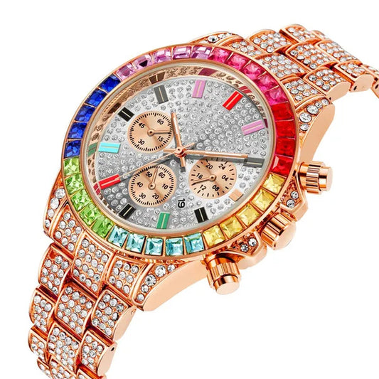 Men Watch Luxury Brand  Mens Gold men Watch Quartz Clock Chronograph colorful Diamond Steel Iced Out Watch Reloj Hombre