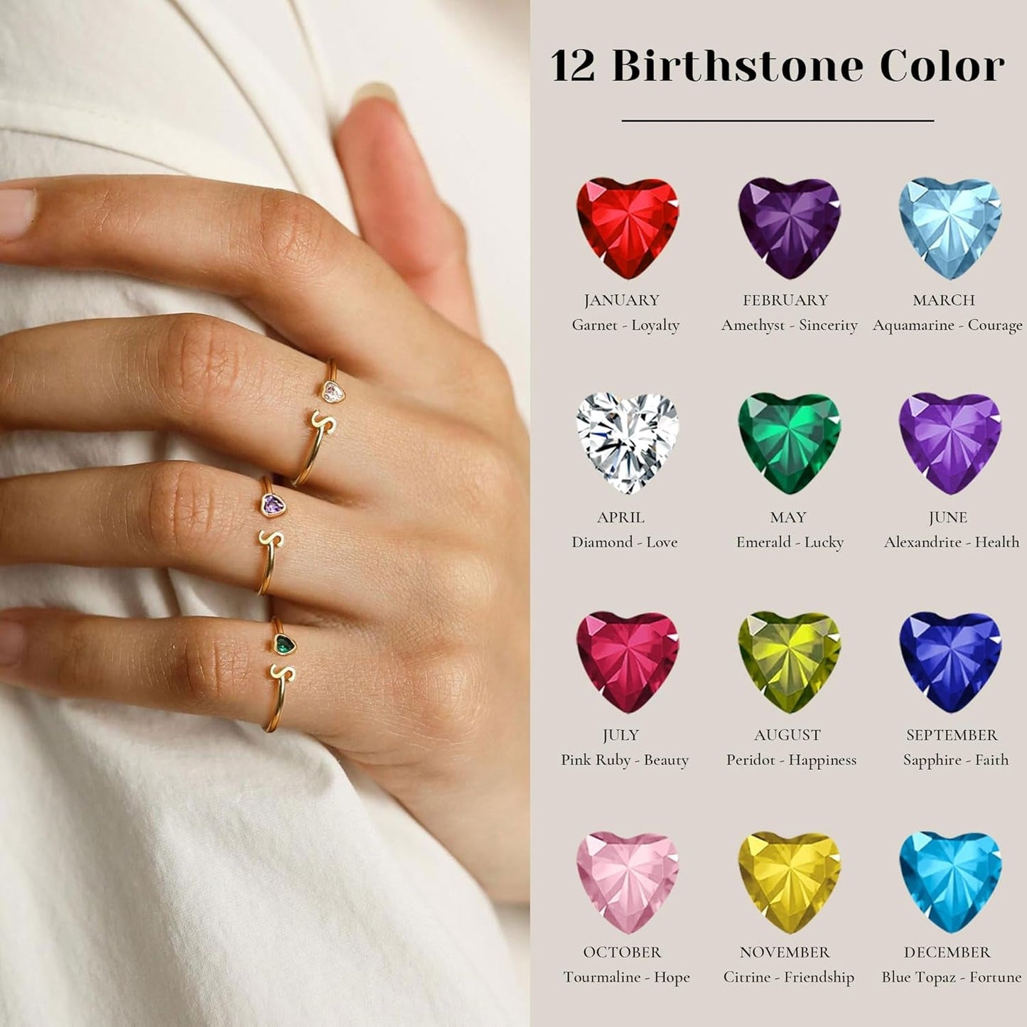 Birthstone Rings for Women 26 A - Z Initial Ring Adjustable 14K Gold Ring Birthday Gifts for Her Rings for Teen Sister Bridesmaid Gifts Dainty Letter Jewelry - WORLD TIME VISITS