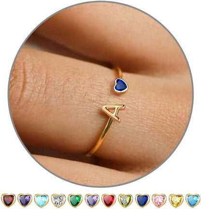Birthstone Rings for Women 26 A - Z Initial Ring Adjustable 14K Gold Ring Birthday Gifts for Her Rings for Teen Sister Bridesmaid Gifts Dainty Letter Jewelry - WORLD TIME VISITS