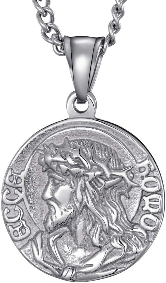 Mens Stainless Steel Crown of Thorns Head of Jesus Christ Pendant Necklace round Medal Prayer Coin Pendant with Link Chain