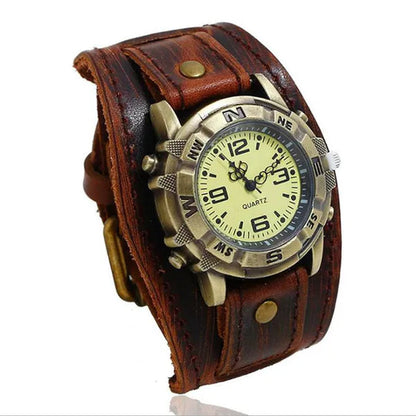 Vintage Retro Big Wide Genuine Leather Strap Watch Men Punk  Quartz Cuff Watch Wristwatches Bracelet Bangle Relogio Masculino