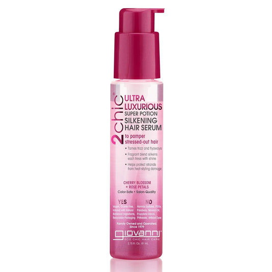 2Chic Ultra-Luxurious Super Potion Silkening Hair Serum - Cherry Blossom & Rose Petals, Aloe Vera, Pro-Vitamin B5, Smooths Curly & Wavy Hair, Paraben Free, Color Safe - 2.75 Oz