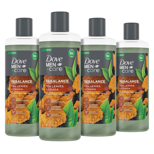 Rebalance Body Wash Tea Leaves and Chaga 4 Count with Vitamin and Mineral Complex Moisturizing Body Wash with Plant Based Ingredients 18 Oz