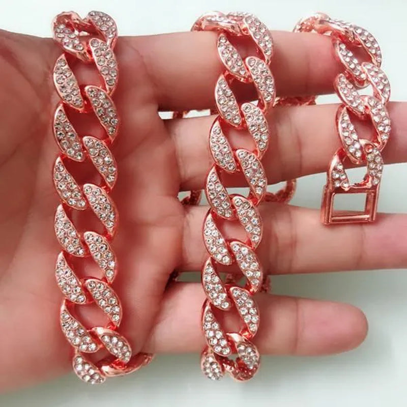 2 Pcs/set Luxury Full Iced Out Watch Mens Cuban Link Chain Bracelet Watch Bling Jewelry for Men Big Gold Chains Hip Hop Men Watch Set