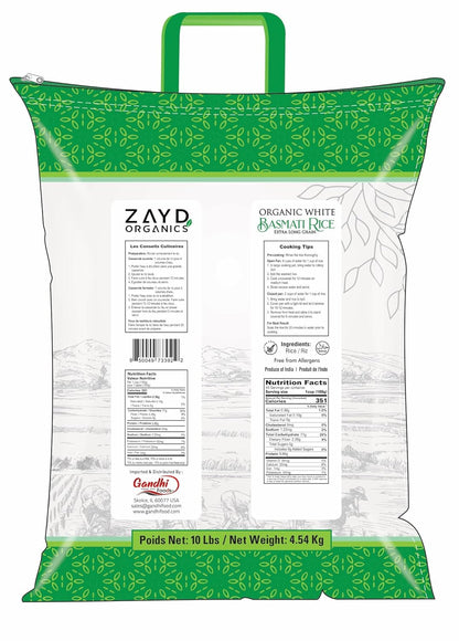 Zayd Organic White Basmati Rice, Indian Traditional Extra Long Rice, Vegan, Fresh, USDA Organic, 10Lbs
