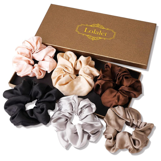 Scrunchies for Women, Satin Hair Softer than Silk Ties Sleep, Big Scrunchy Ponytail Holder with Elastic Bands Girls Thick Thin Curly -6 Pack, Style A