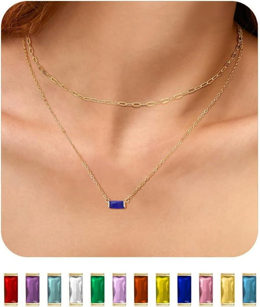Layered Birthstone Necklace for Women Mothers 14K Gold Charm Necklace Dainty Paperclip Chain Necklace Pink Emerald Red Purple Pendant Necklace Diamond Jewelry Birthday Party Prom Wedding - WORLD TIME VISITS