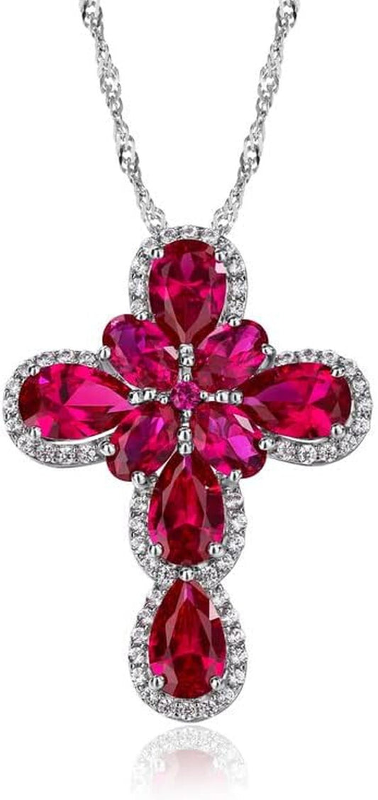Womens Gemstone Cross Pendant Necklace 925 Sterling Silver Created Ruby Peridot Religious Christian Jesus Jewelry Water Wave Chain 18+2 Inches - WORLD TIME VISITS